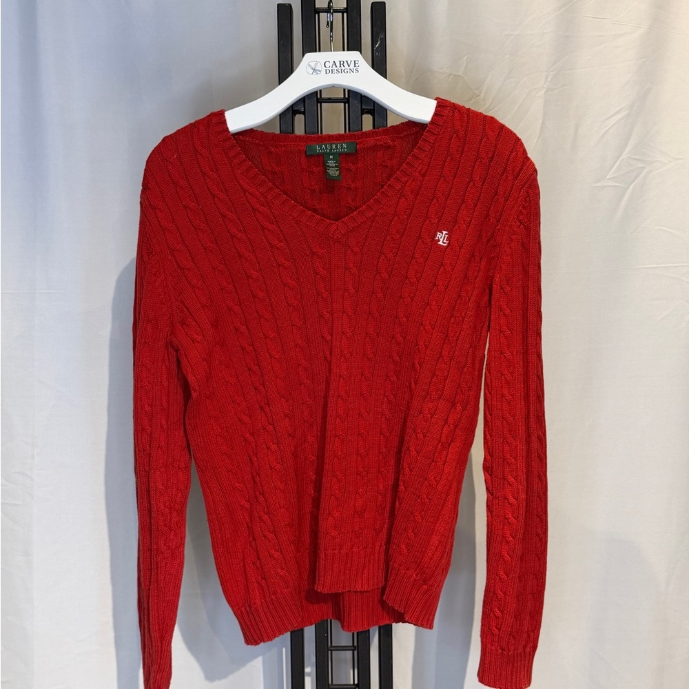 Ralph Lauren Vivid Red Cable Knit V-Neck Sweater